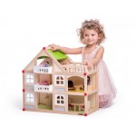 Casuta din lemn natur P+2 cu anexa, balcoane si terasa cu mobilier si accesorii incluse 